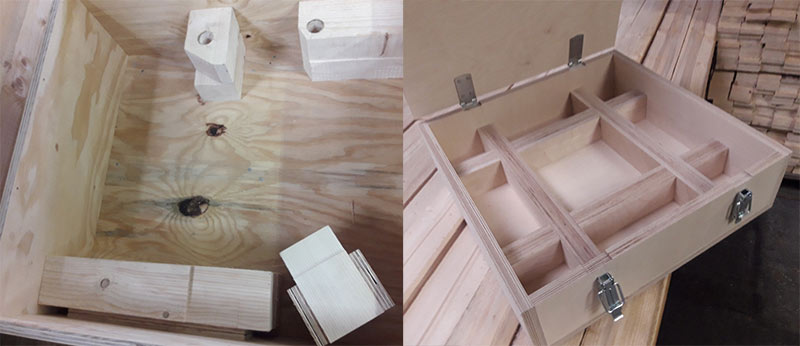 Zwei Beispiele für Innenausbau von Holzkisten nach Maß