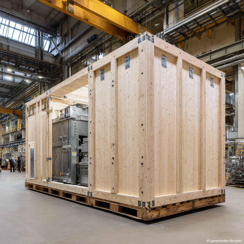 Maschinenkiste (ca. 4 m hoch, darin ist Industriemaschine zu sehen) steht in Industriehalle