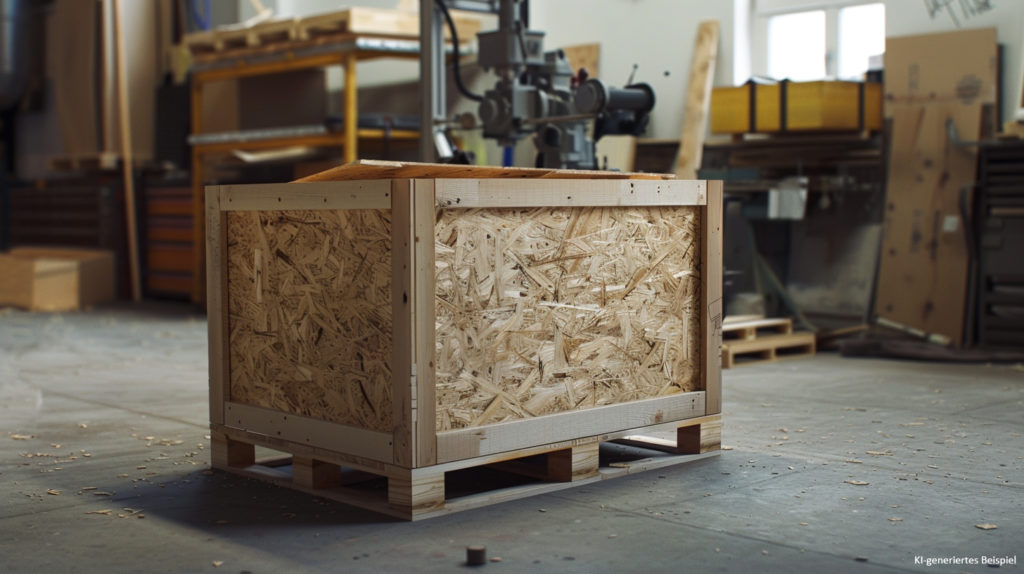 Maschinenkiste mit Deckel (ca. 2 x 1 m groß)steht in einer Werkstatt, Kiste ist aus OSB-Platten