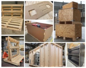 Industrieverpackungen (Collage aus 7 Bildern): Transportkisten, Transportgestelle, Maschinenkisten, Frästeile, etc.