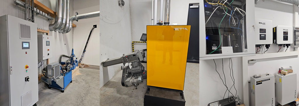 Collage der Weber Energietechnik (Restholz-Brikettierung, Hackschnitzelheizung und Solaranlage)
